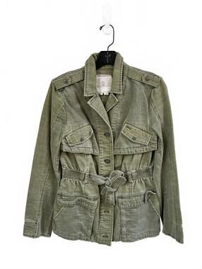 Anthro Hei Hei Women Olive Green Utility Jacket w/ Belt Ruffle Back Detail Small